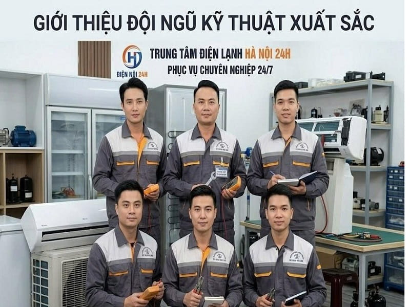 Giới thiệu đội ngũ kỹ thuật xuất sắc' và văn bản dưới cùng là 'Đội ngũ kỹ thuật viên Trung tâm điện lạnh Hà Nội 24h