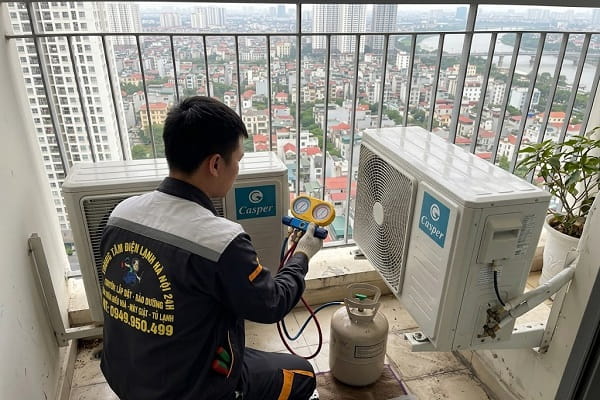 Thợ sửa chữa điện lạnh tại Hà Nội đang kiểm tra dàn nóng điều hòa Casper bằng đồng hồ đo gas ngoài ban công chung cư