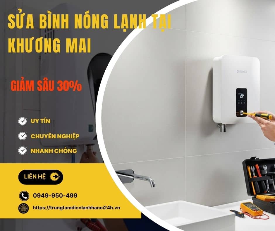 Người thợ sửa bình nóng lạnh đang thay và siết chặt van cấp nước bằng mỏ lết tại Khương Mai