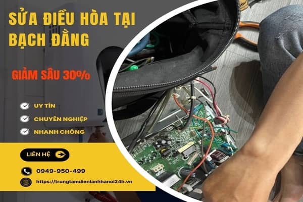 Kỹ thuật viên điện lạnh đang tiến hành sửa board mạch điều hòa bị hỏng tại Bạch Đằng.