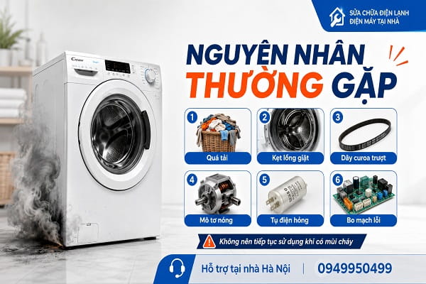 Nguyên nhân máy giặt Candy có mùi khét do quá tải, kẹt lồng, dây curoa, mô tơ và bo mạch Nguyên nhân máy giặt Candy có mùi khét do quá tải, kẹt lồng, dây curoa, mô tơ và bo mạch
