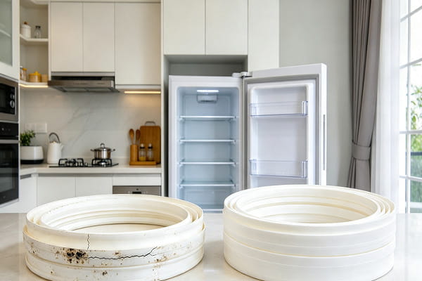 cách kiểm tra gioăng tủ lạnh bị hở bằng tờ giấy · Chú thích: Kẹp tờ giấy vào khe cửa, kéo ra dễ là gioăng đã hở